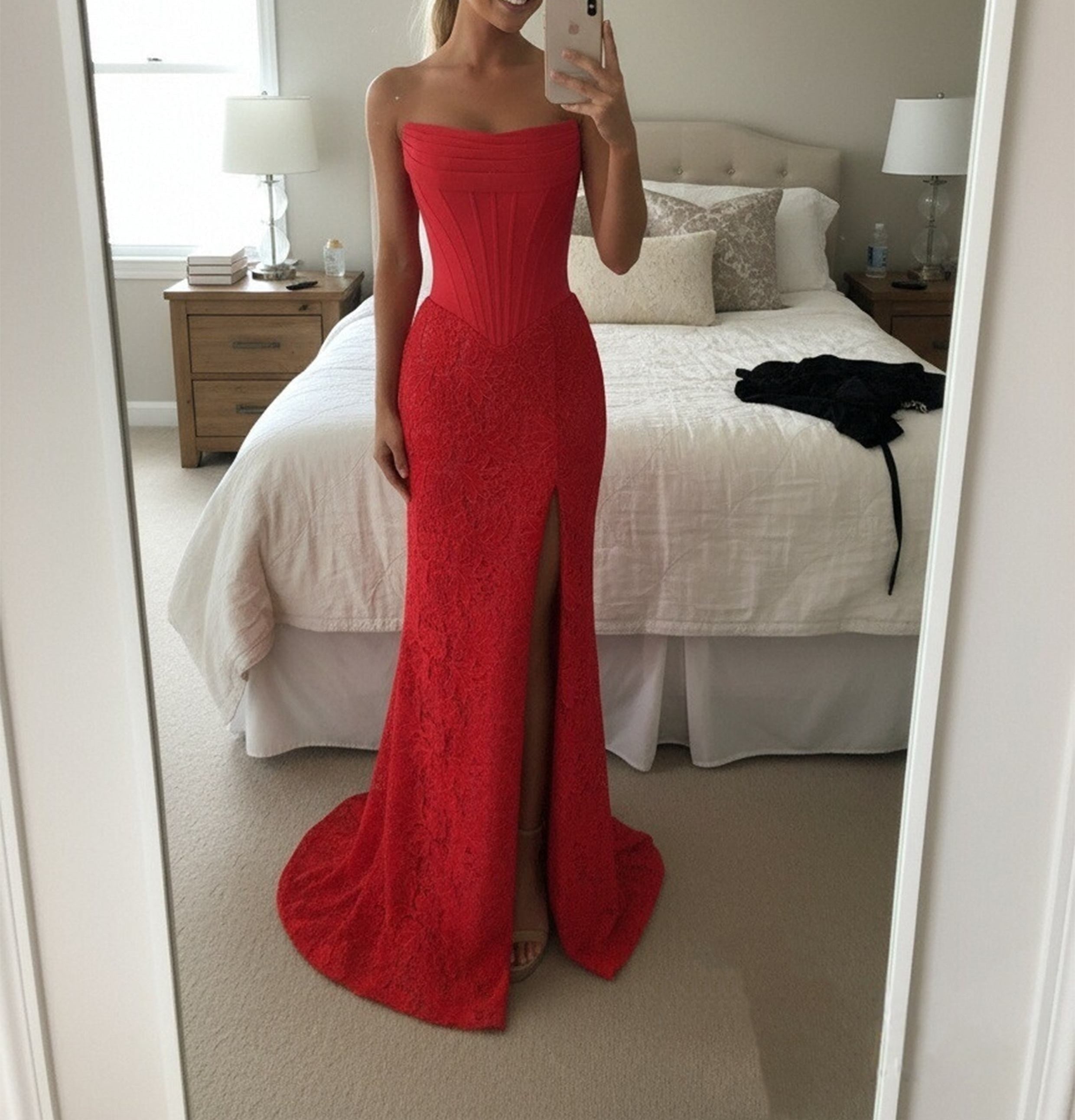 Mermaid Vintage Lace Strapless Split Floor Length Prom Dresses with Back Bow