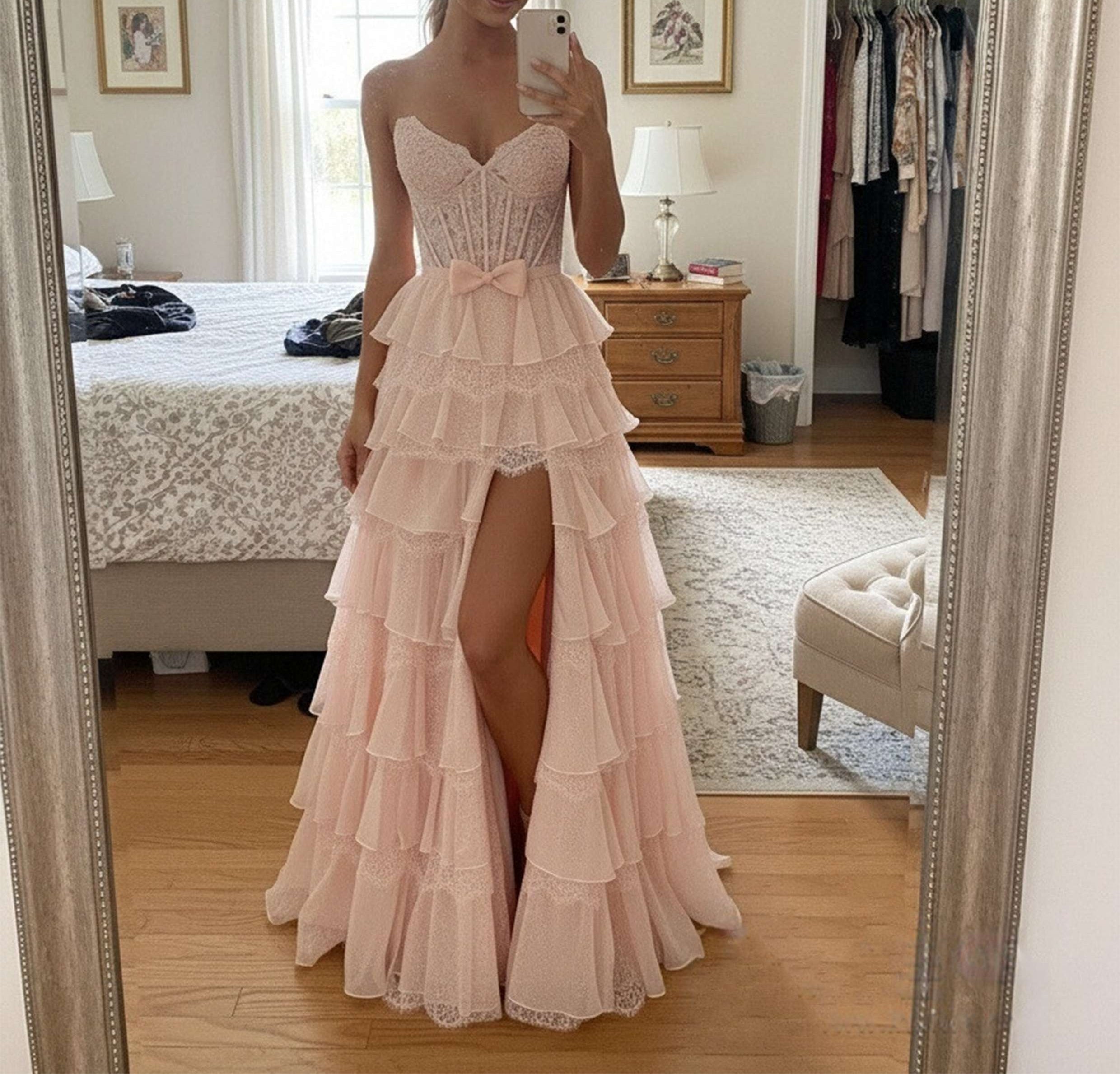 A-Line/Princess Ruffle Tiered Sweetheart Neck Floor Length Prom Dresses with Bow