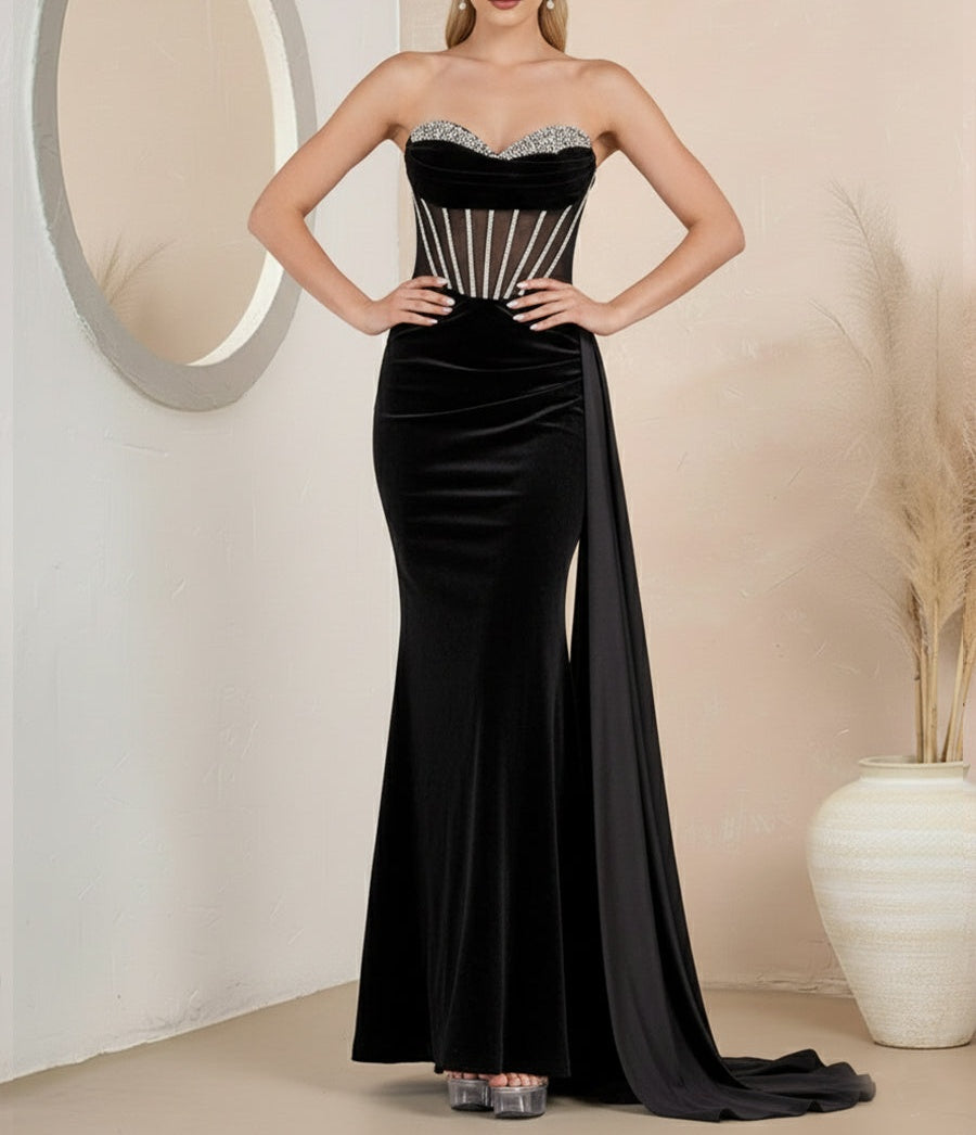 A-Line/Princess Strapless Glitter Cowl Neck Floor Length Prom Dresses with Trail