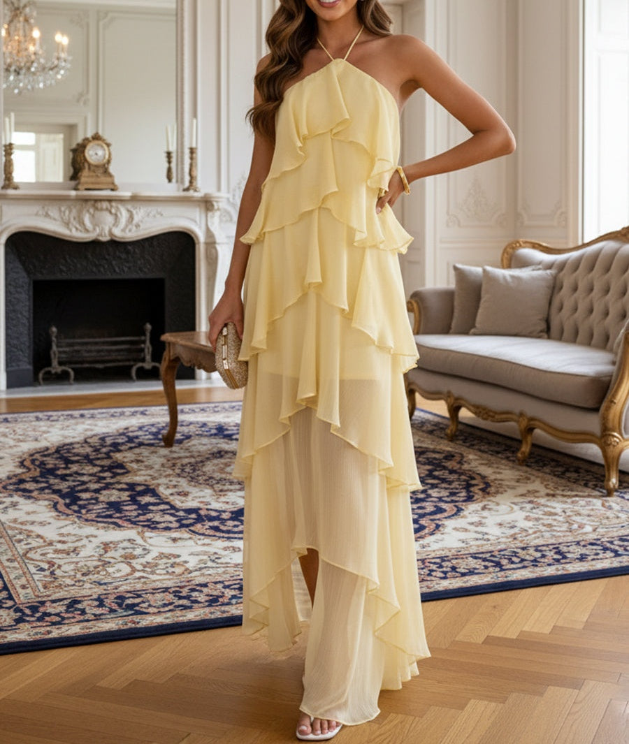 A-Line/Princess Tiered Halter Floor-Length Wedding Guest Dresses
