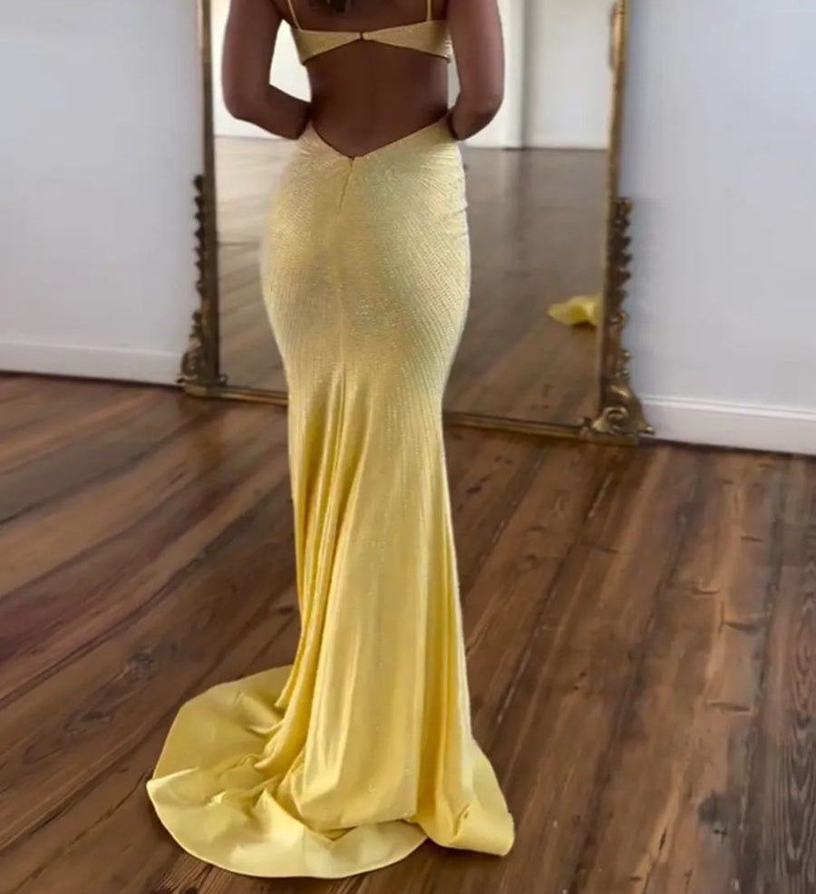 Mermaid V-Neck Cut Out Floor-Length Prom Dresses with Beadings