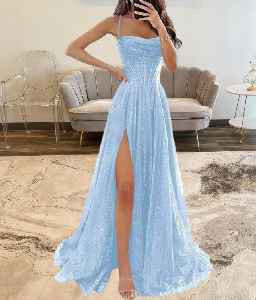 A-Line/Princess Spaghetti Strap Cowl Neck Floor-Length Prom Dresses Sparkly Evening Gown