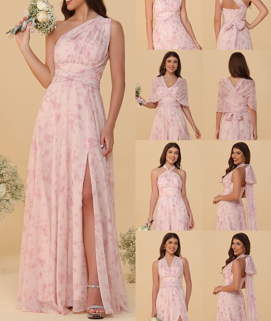 A-Line/Princess Ruched Floor-Length Convertible Bridesmaid Dresses with Floral Print