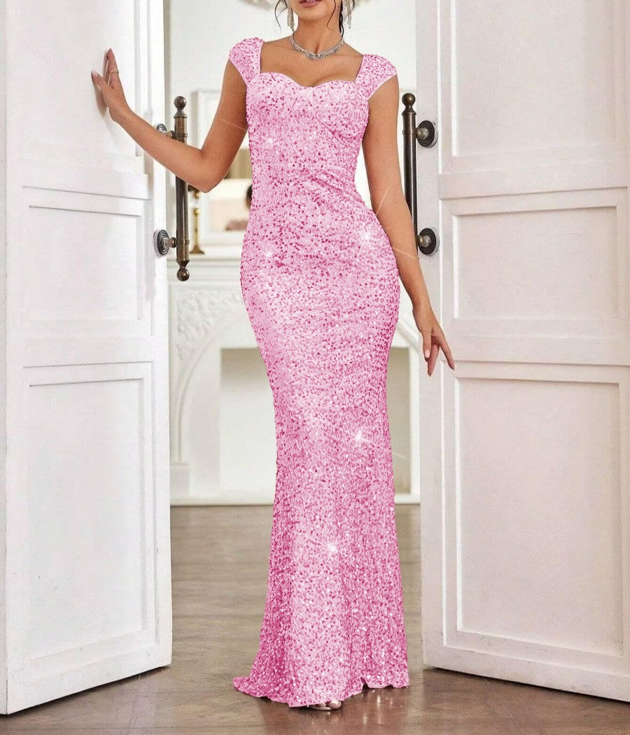 Sheath/Column Cap Sleeve Floor-Length Formal Dresses with Sparkly Sequin
