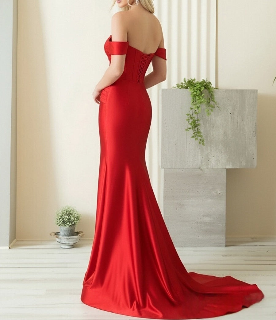 A-Line/Princess Off Shoulder Sweetheart Satin Cut-Out Floor-Length Prom Dresses
