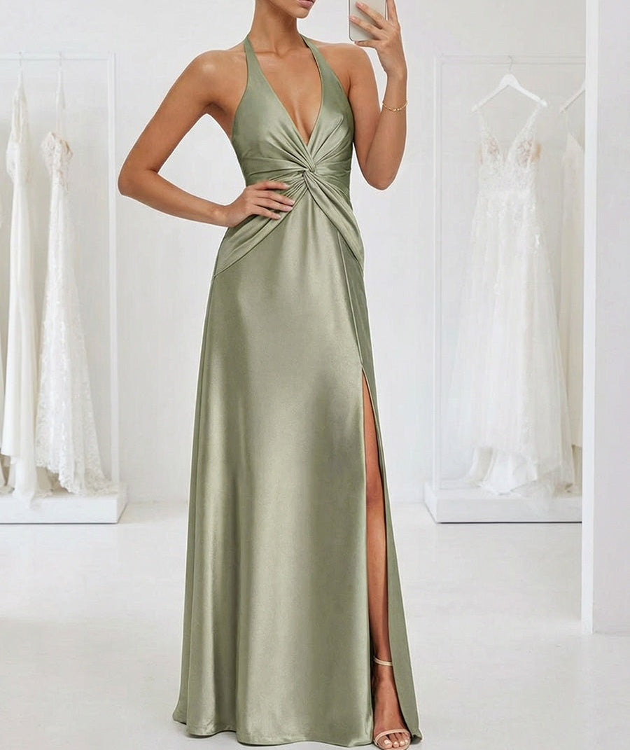 A-Line/Princess V-Neck Halter Satin Floor-Length Prom Dresses with Slit