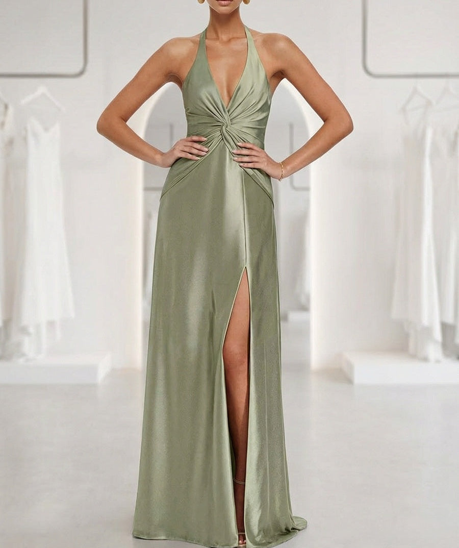 A-Line/Princess V-Neck Halter Satin Floor-Length Prom Dresses with Slit