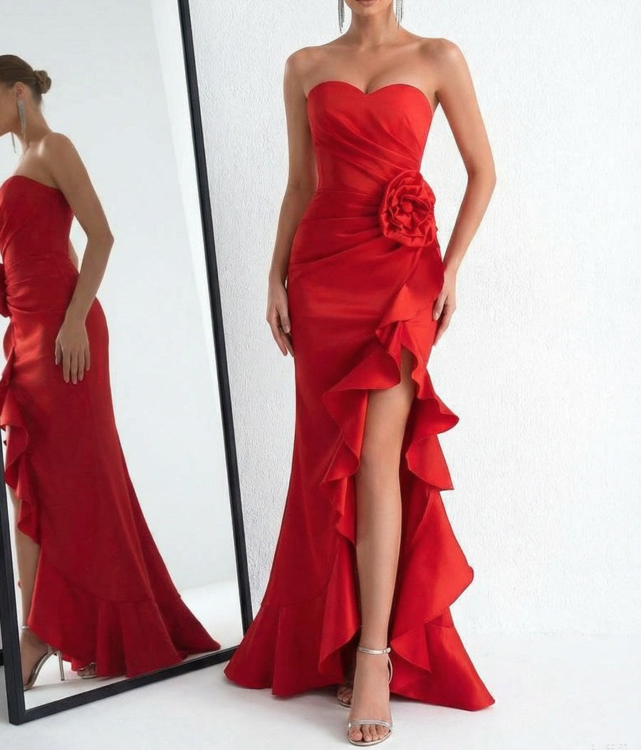 Mermaid/Trumpet Sweetheart Satin Ruched Floor-Length Prom Dresses with Flower Ruffle