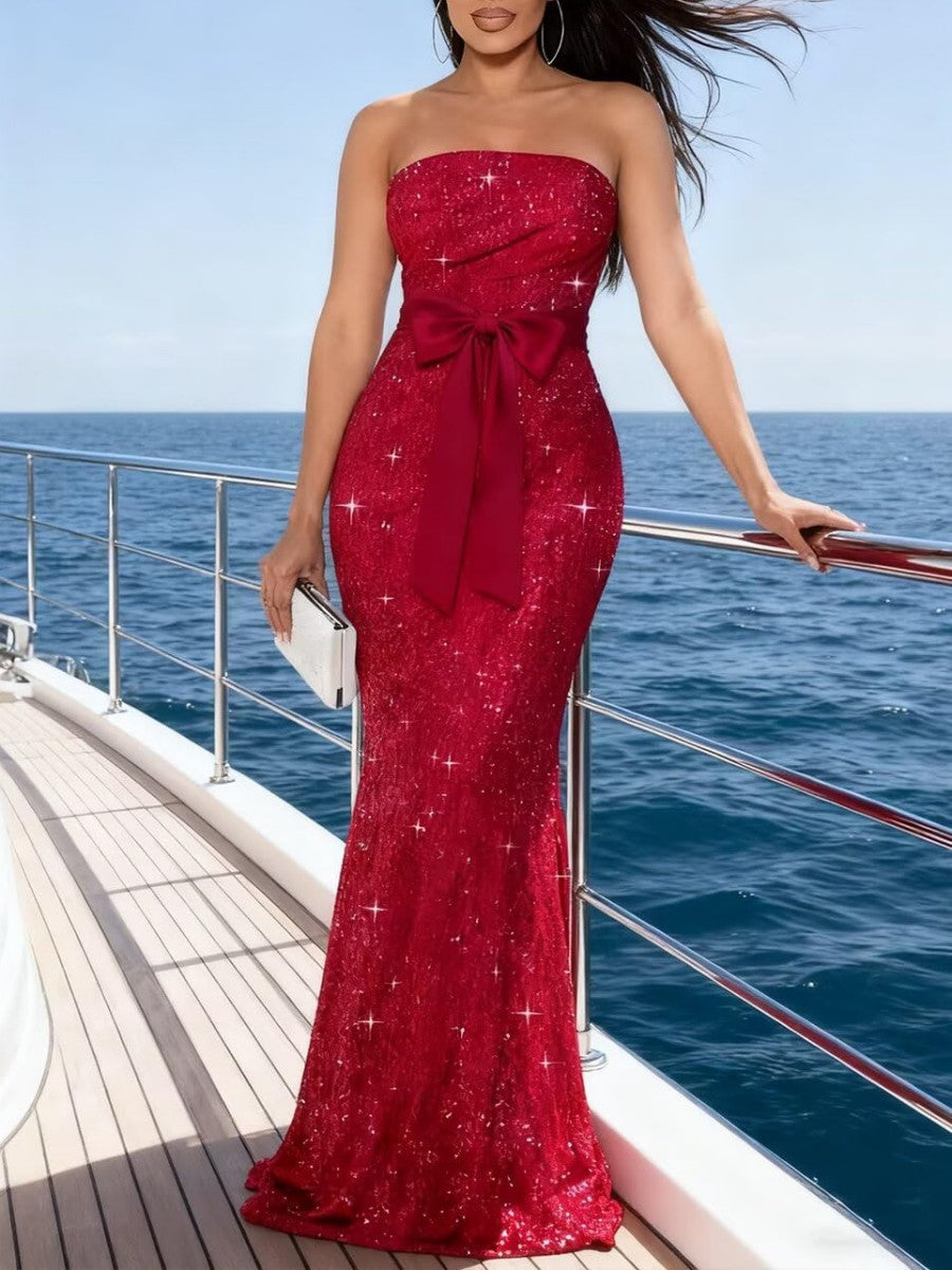 Sheath/Column Strapless Sequin Bodycon Floor-Length Formal Evening Dresses with Bow