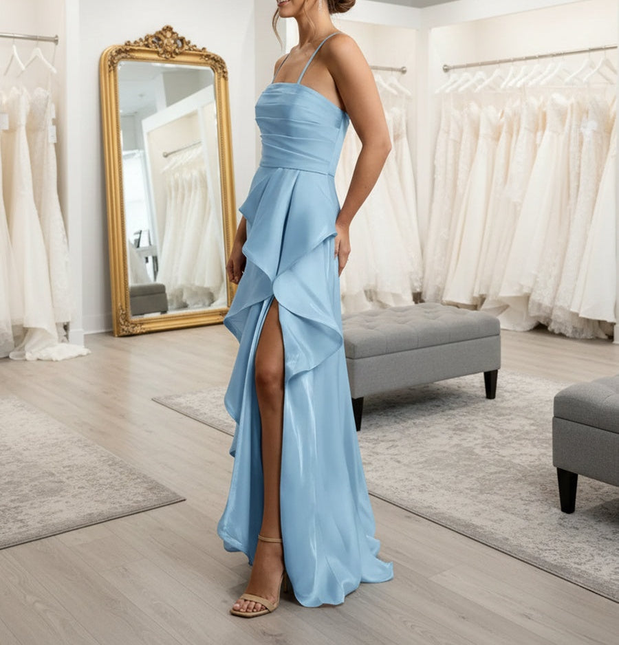 A-Line/Princess Strapless Ruched Taffeta Floor-Length Formal Dresses with Ruffle