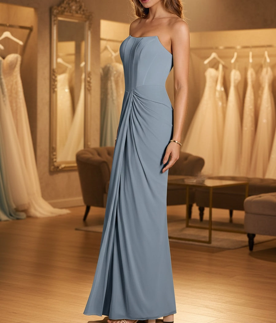 Sheath/Column Strapless Ruched Satin Floor-Length Formal Dresses