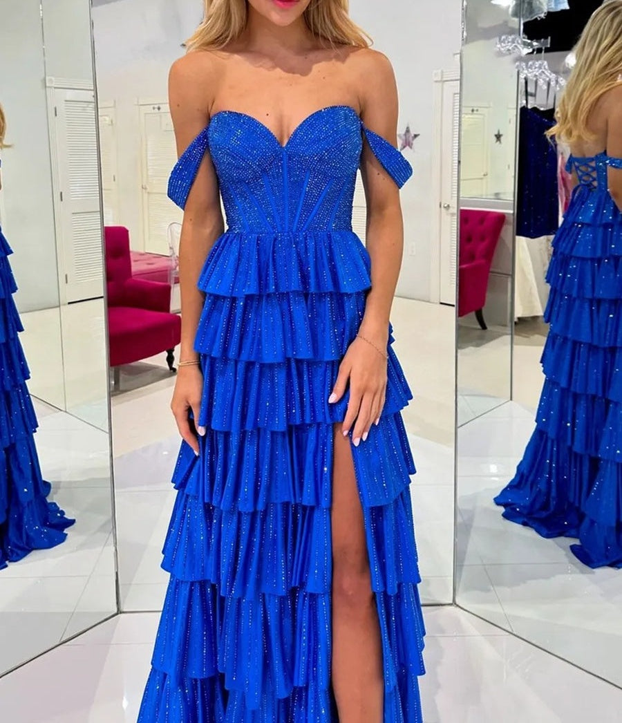 A-Line/Princess Off Shoulder Glitter Long Prom Dresses with Tiered Ruffle