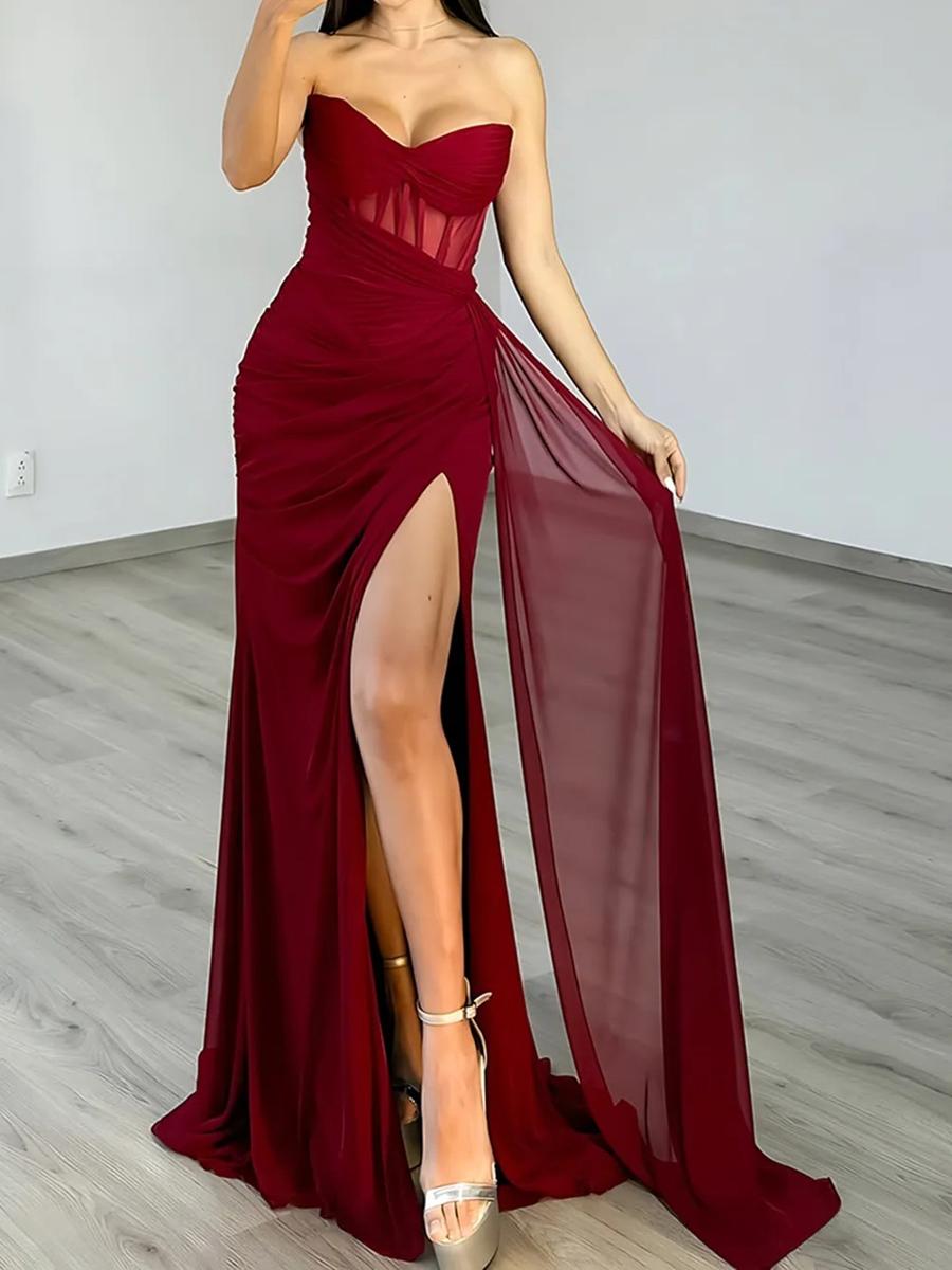 Sheath/Column Strapless Ruched Floor-Length Prom Dresses with Trail