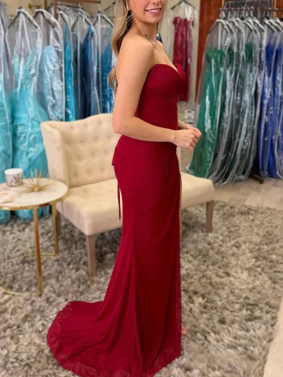 Sheath/Column Strapless Ruched Floor-Length Prom Dresses with Trail