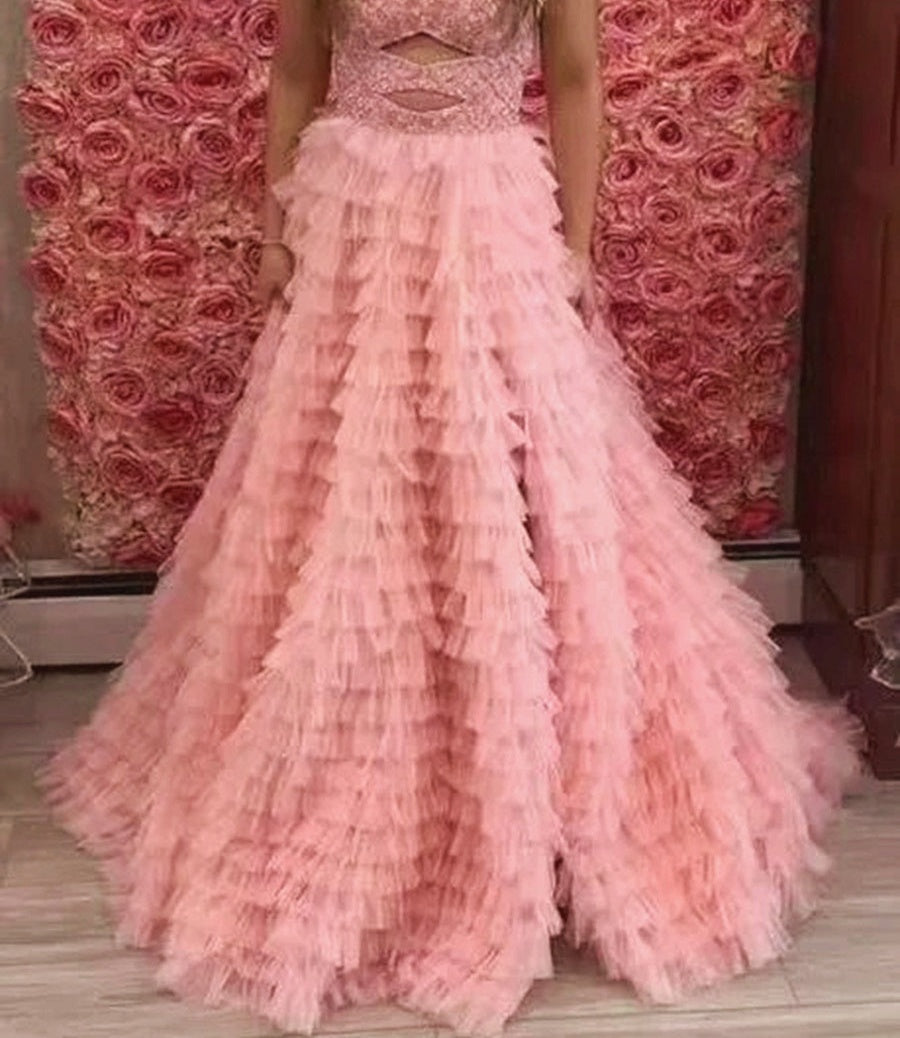 A-Line/Princess Sweetheart Cut-Out Floor-Length Prom Dresses with Tiered Ruffle
