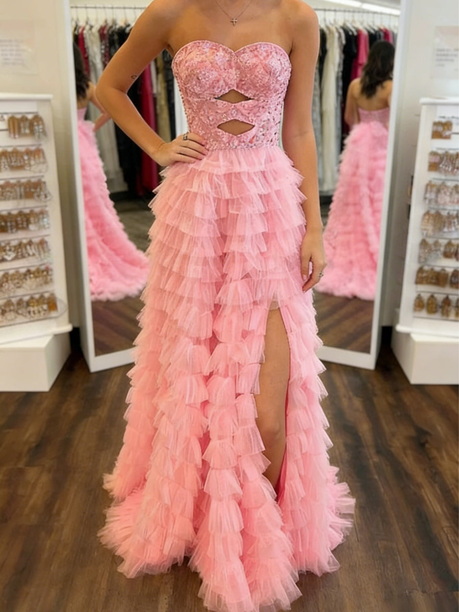 A-Line/Princess Sweetheart Cut-Out Floor-Length Prom Dresses with Tiered Ruffle
