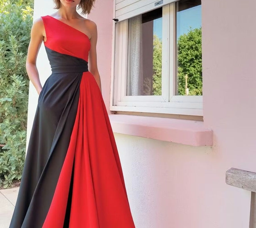 A-Line/Princess One Shoulder Patchwork Satin Long Prom Dresses with Pockets