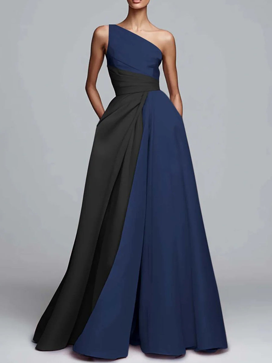 A-Line/Princess One Shoulder Patchwork Satin Long Prom Dresses with Pockets