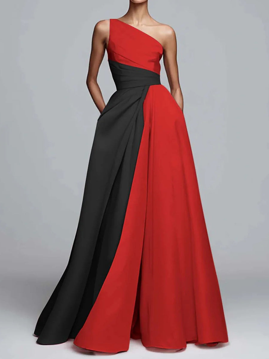 A-Line/Princess One Shoulder Patchwork Satin Long Prom Dresses with Pockets
