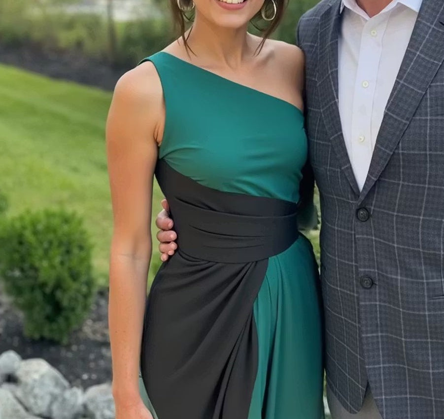 A-Line/Princess One Shoulder Patchwork Satin Long Prom Dresses with Pockets