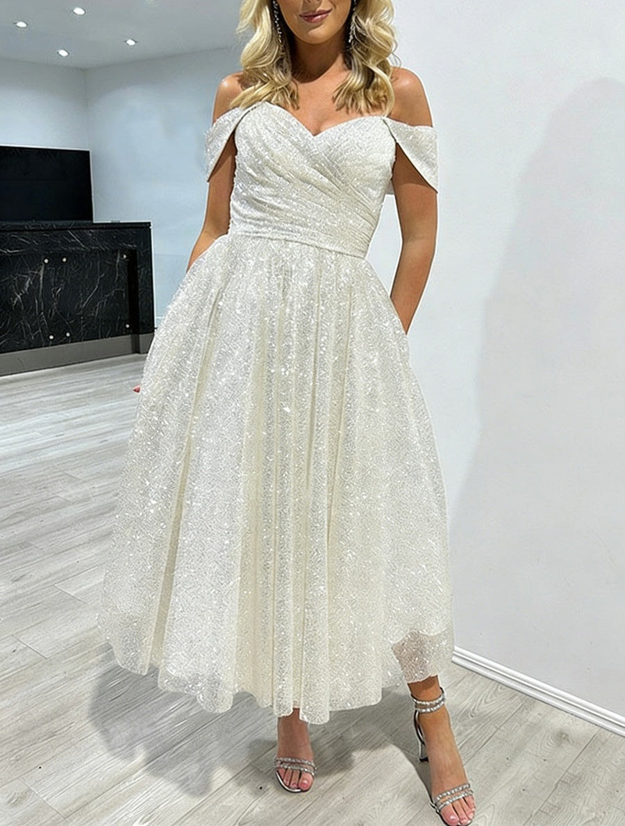 A-Line/Princess Off Shoulder Pleated Tea-Length Prom Dresses with Sparkly Sequins