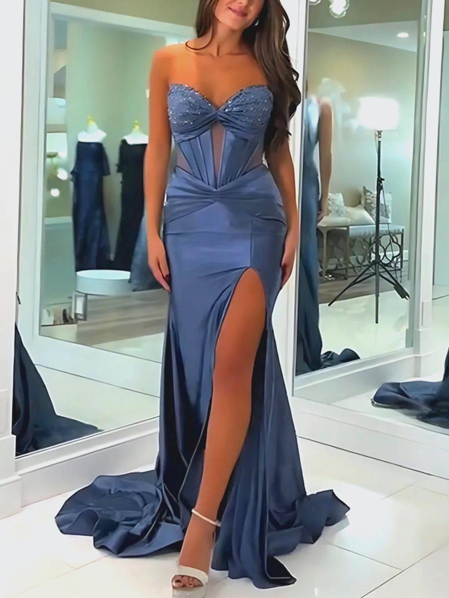 Sweetheart Drop Waist Ruched Satin Mermaid Long Prom Dresses with Beading