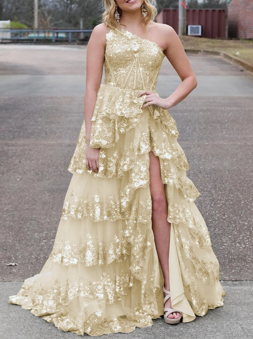 Sparkly Sequin One Shoulder Tiered Long Prom Dresses with Slit