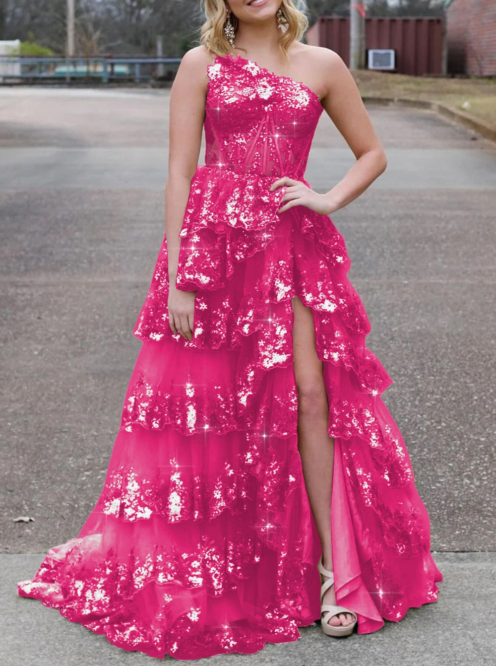 Sparkly Sequin One Shoulder Tiered Long Prom Dresses with Slit