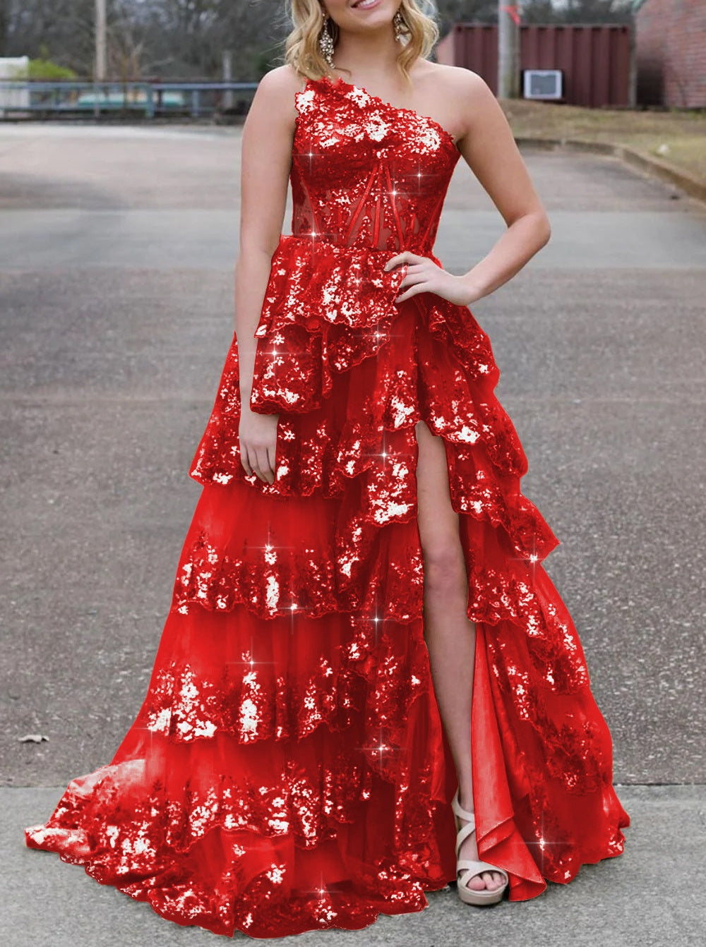 Sparkly Sequin One Shoulder Tiered Long Prom Dresses with Slit