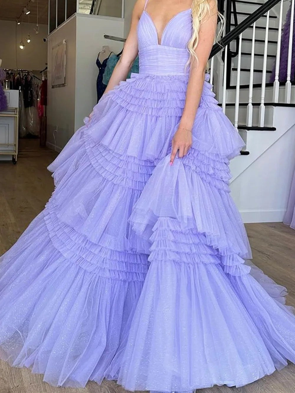 Tulle Spaghetti Strap Tiered Long Prom Dresses Ruffle Ball Gown