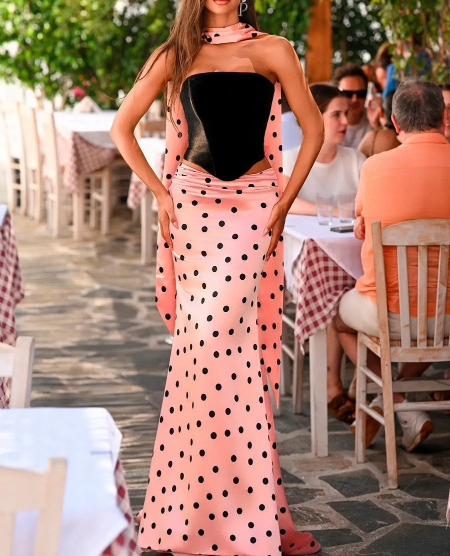 prom dress drop waist 3-Piece Polka Dot Tube Long Dresses with Scarf Custom Prom Formal Dress Size:12-18 Months (80cm) and birthday celebrations Printed Tiered Ruffle Mini