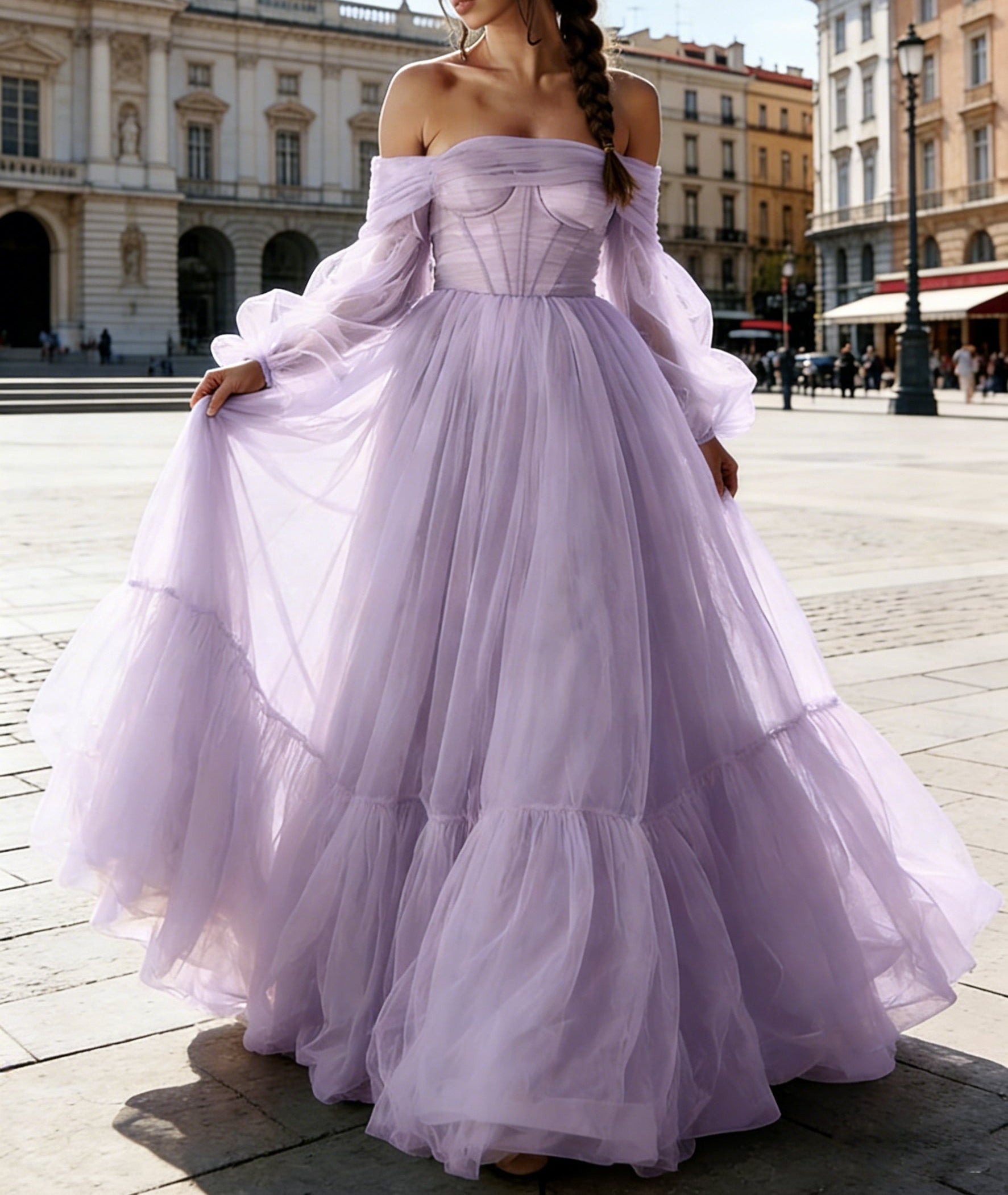 A-Line/Princess Sweetheart Long Sleeves Tiered Tulle Floor-Length Prom Dress with Bow
