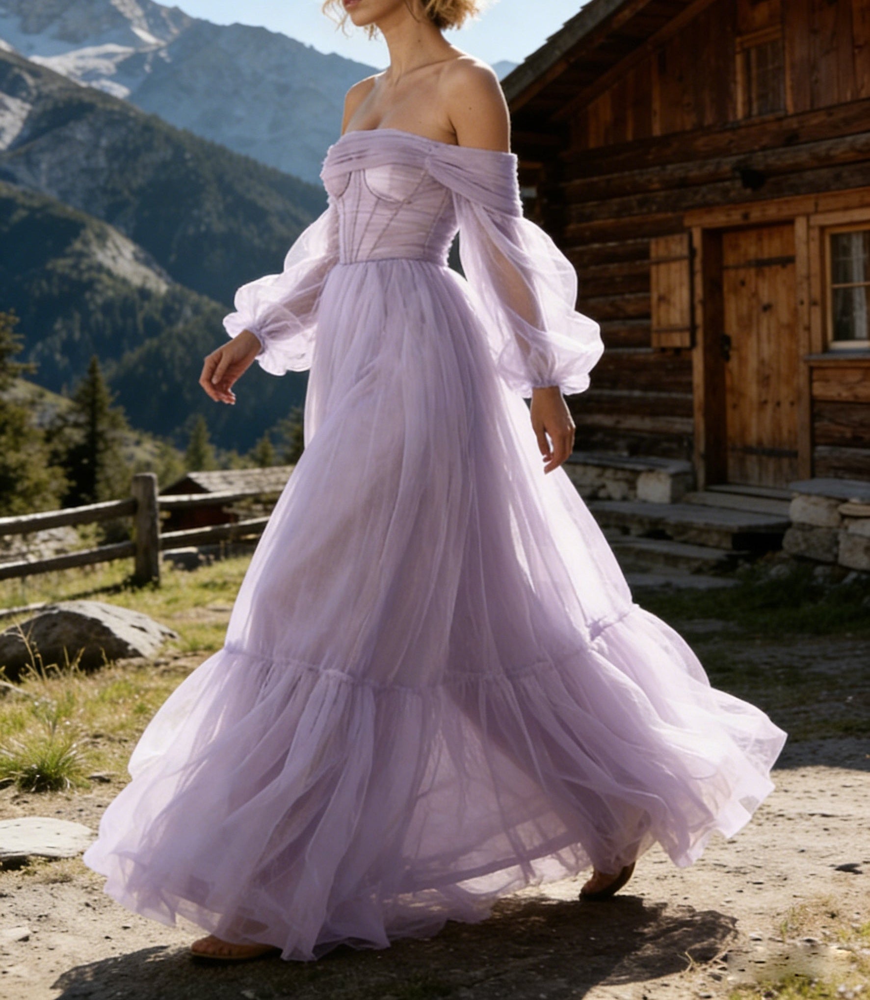 A-Line/Princess Sweetheart Long Sleeves Tiered Tulle Floor-Length Prom Dress with Bow