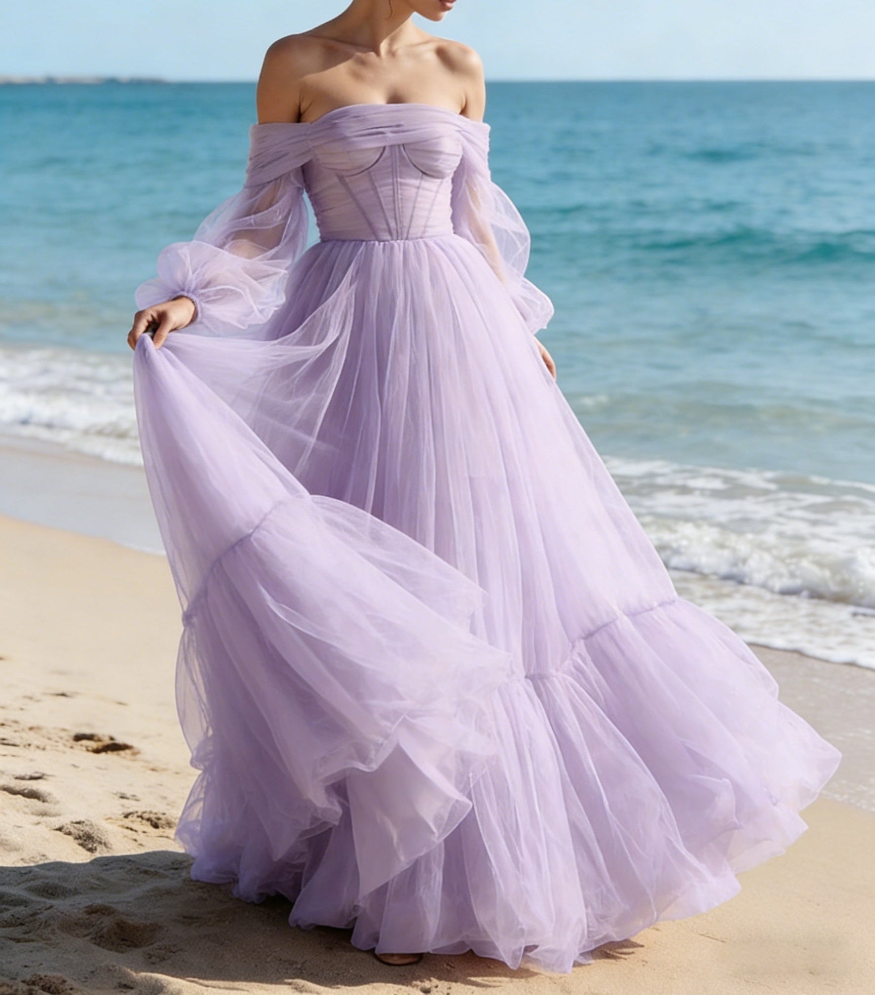 A-Line/Princess Sweetheart Long Sleeves Tiered Tulle Floor-Length Prom Dress with Bow