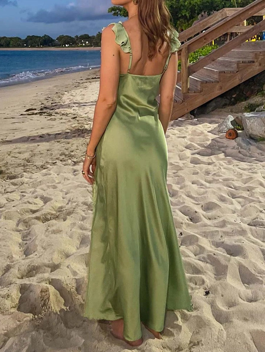 Mermaid/Trumpet Ruffle Spaghetti Strap Satin Long Prom Dresses