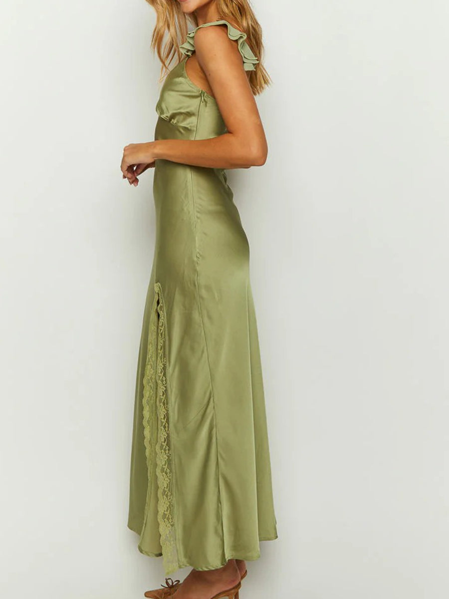 Mermaid/Trumpet Ruffle Spaghetti Strap Satin Long Prom Dresses