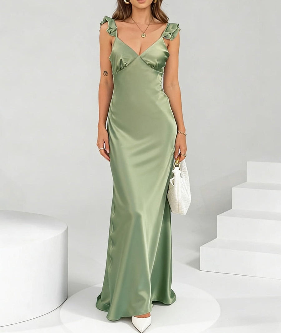 Mermaid/Trumpet Ruffle Spaghetti Strap Satin Long Prom Dresses