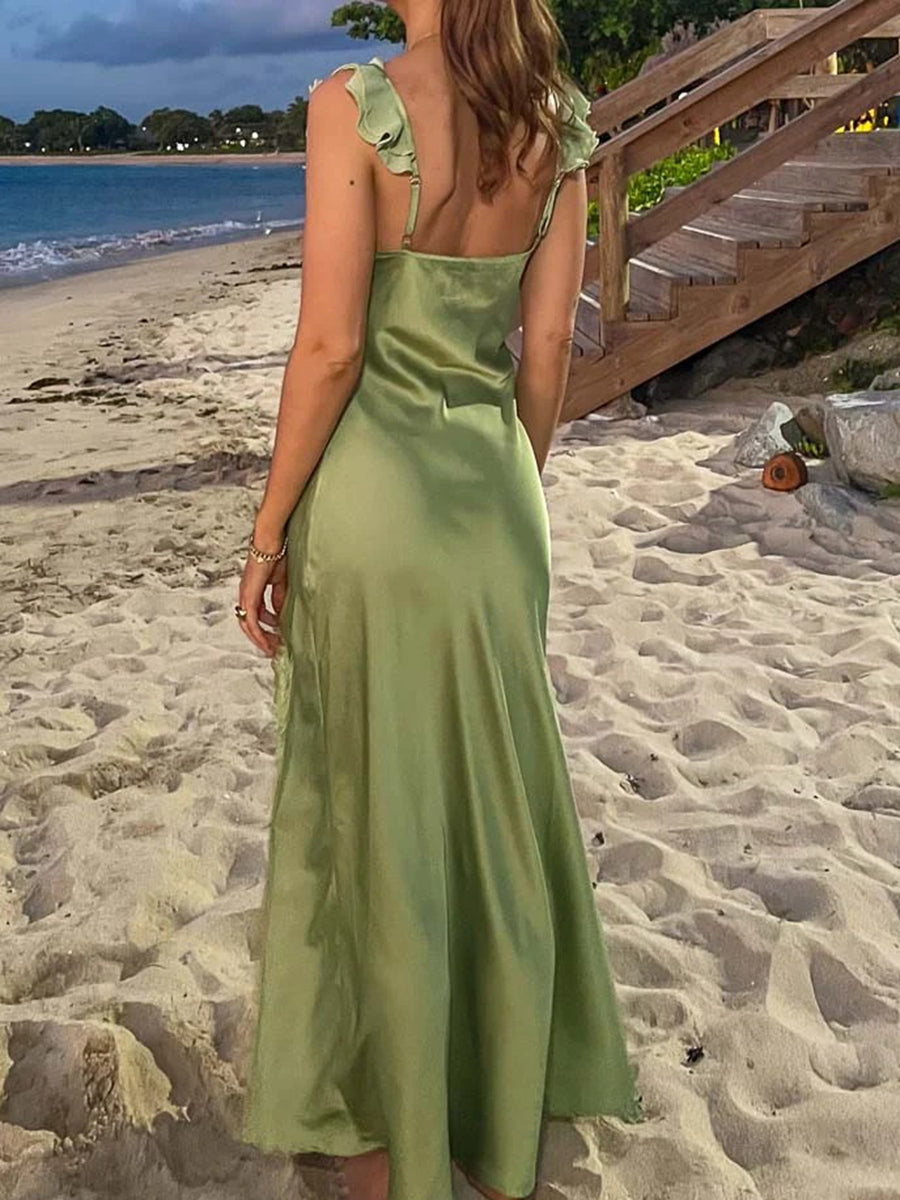 Mermaid/Trumpet Ruffle Spaghetti Strap Satin Long Prom Dresses