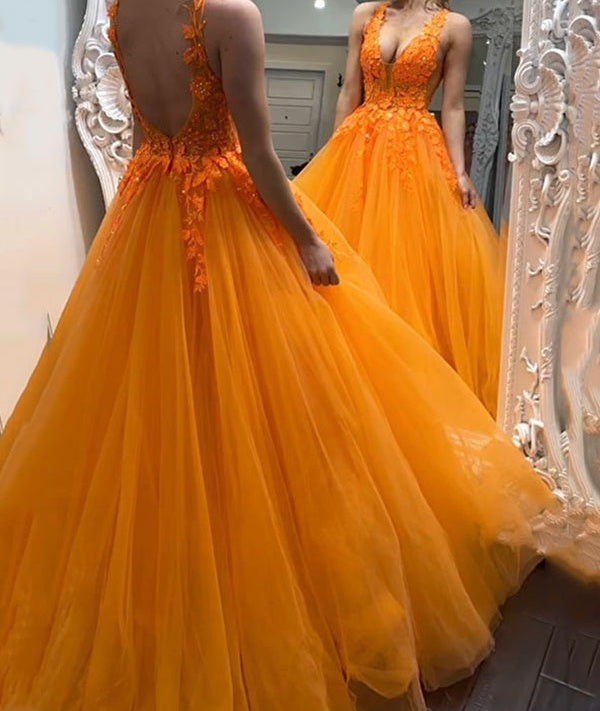 Ball Gown V-Neck Illusion Tulle Floor Length Prom Dress with Lace Appliques