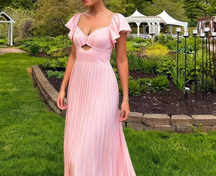 A-Line/Princess Short Sleeves Cutout Floor-Length Prom Dresses