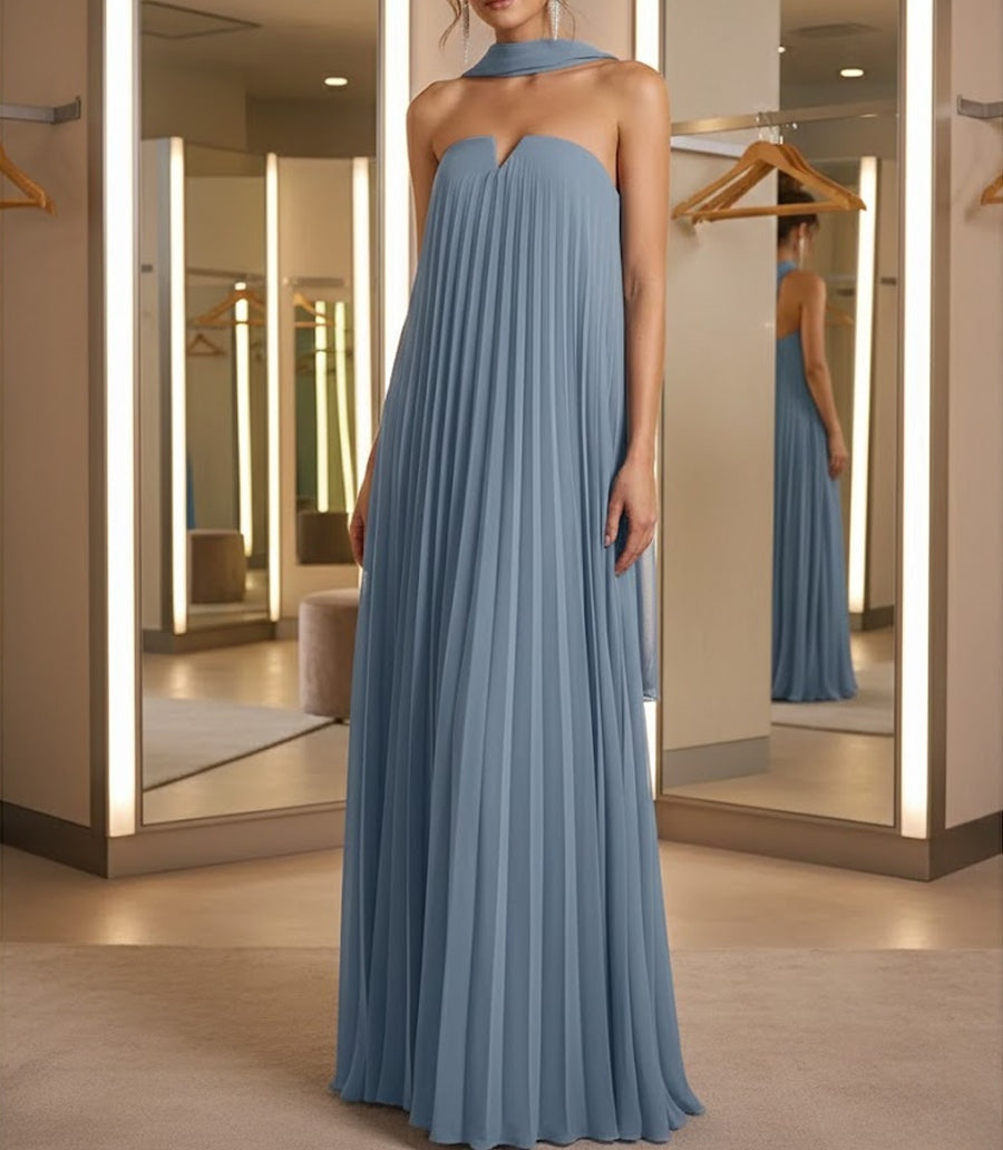Sheath/Column Strapless Pleated Chiffon Floor-Length Formal Dresses with Scarf