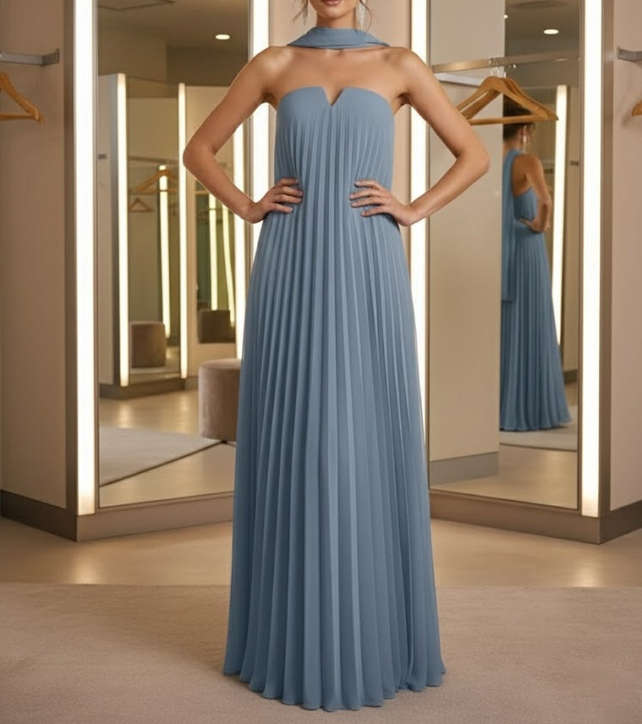 Sheath/Column Strapless Pleated Chiffon Floor-Length Formal Dresses with Scarf