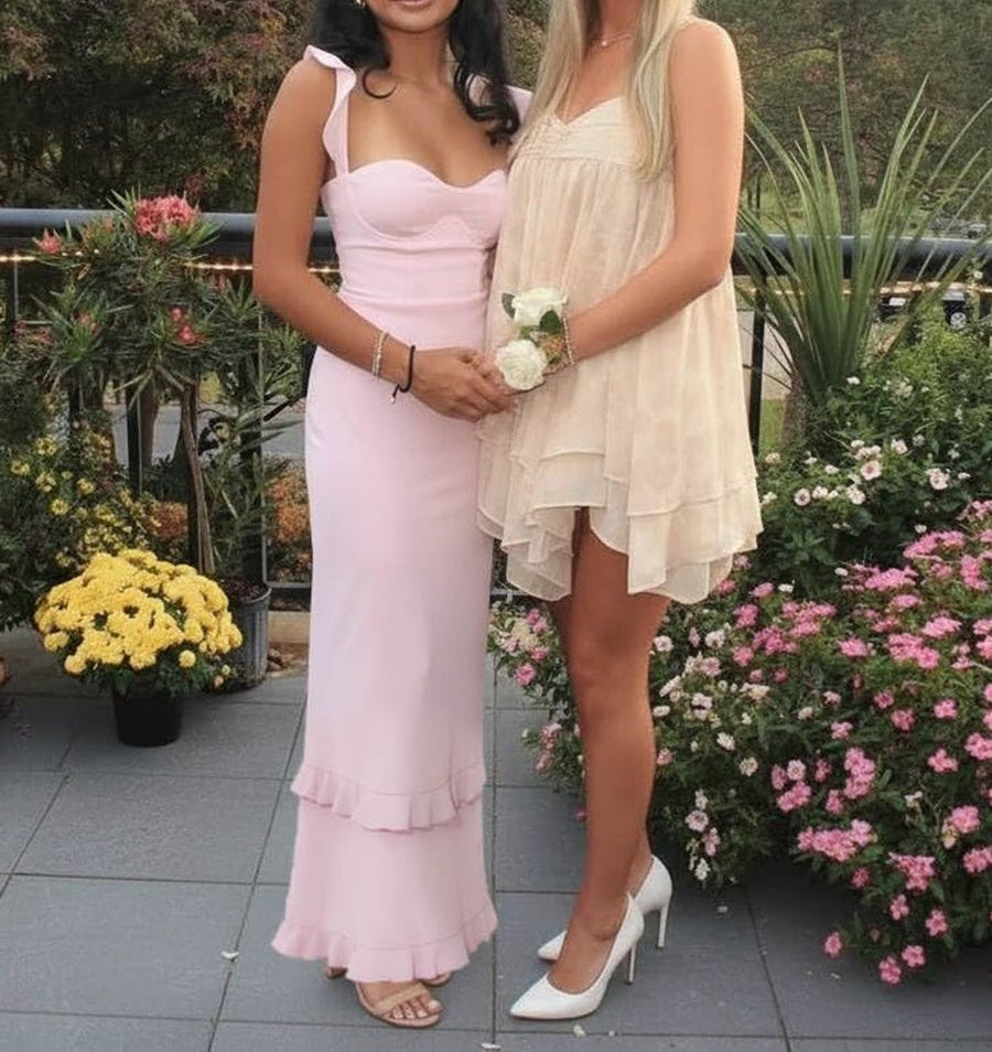 Sheath/Column Satin Sweetheart Ruffle Sleeve Floor-Length Prom Dresses