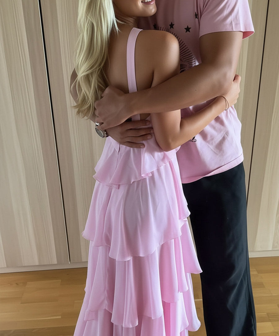 A Line/Princess Halter Floor-Length Prom Dresses with Ruffle Tiered