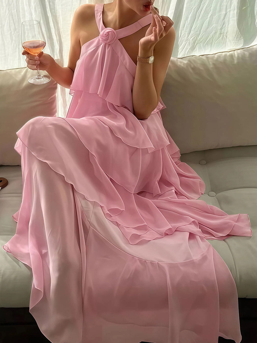 A Line/Princess Halter Floor-Length Prom Dresses with Ruffle Tiered