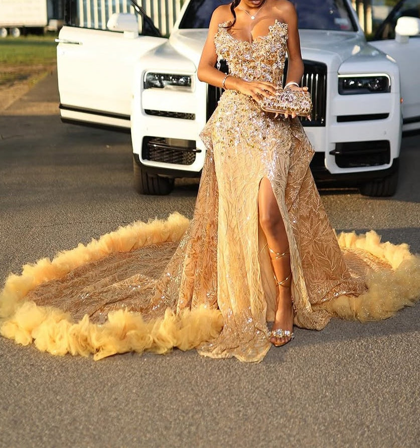 Gold Sweetheart Beaded Sparkles Court Train Flowers Prom Dresses