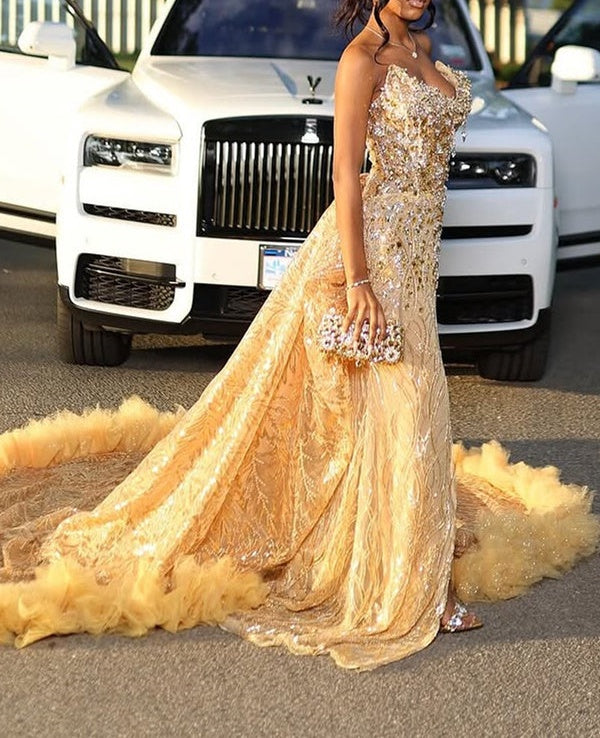 Gold Sweetheart Beaded Sparkles Court Train Flowers Prom Dresses