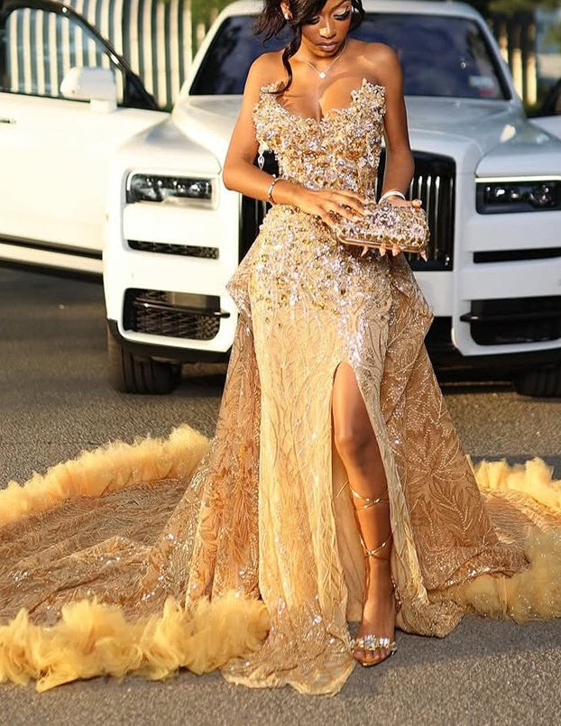 Gold Sweetheart Beaded Sparkles Court Train Flowers Prom Dresses