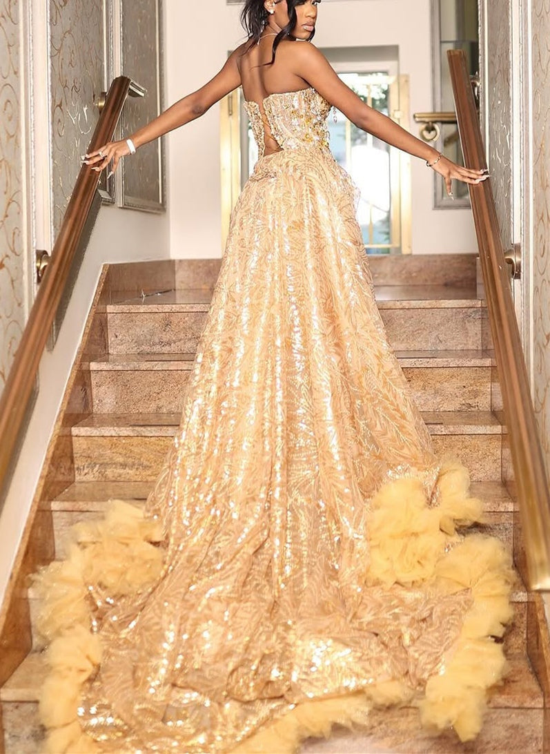 Gold Sweetheart Beaded Sparkles Court Train Flowers Prom Dresses