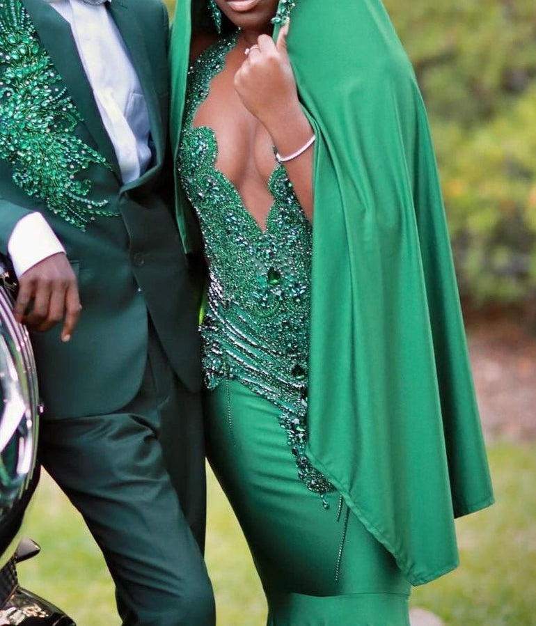 V-Neck Mermaid Sleeveless Beading Sweep Train Prom Dress